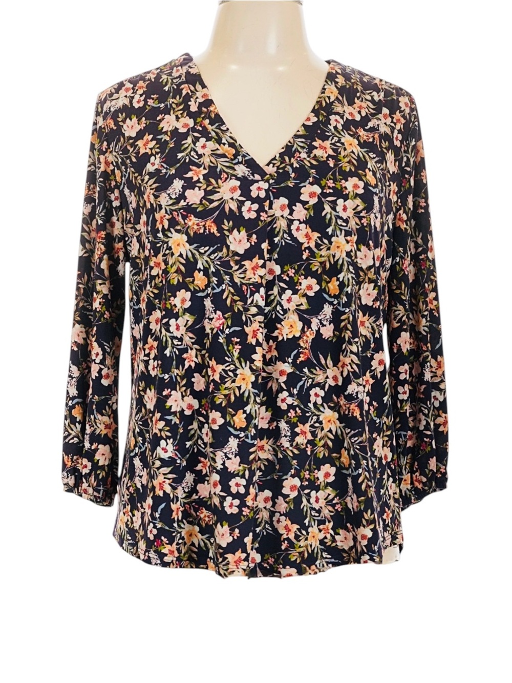 Two by Vince Camuto Navy Floral V-Neck 3/4 Sleeve Top Womens Size Medium